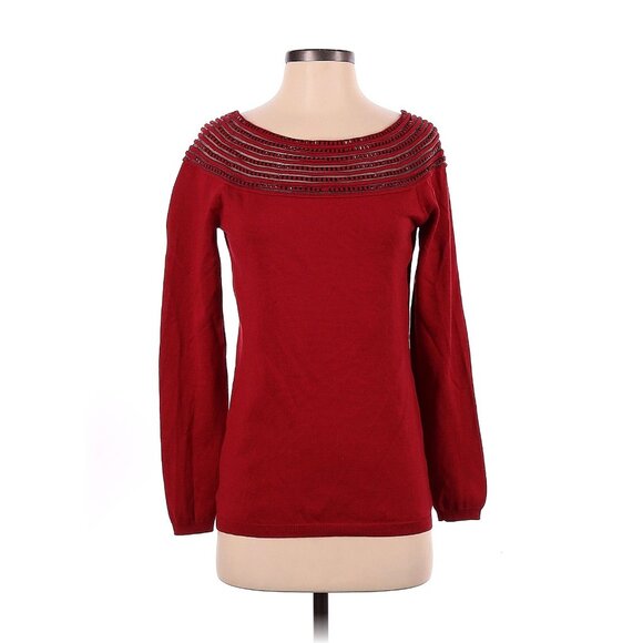 Size XS X-SMALL BOSTON‎ PROPER RED EMBELLISHED ILLUSION KNIT SWEATER TOP Shirt - Picture 1 of 7
